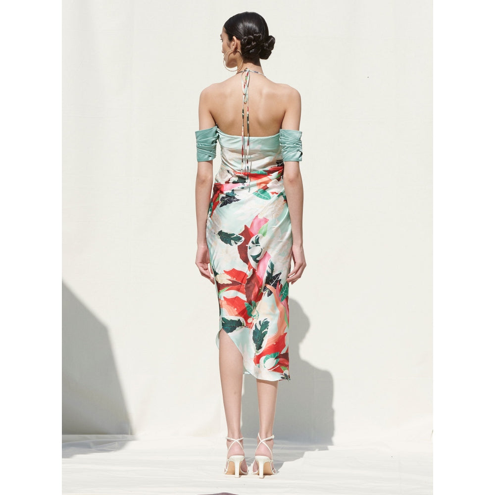MANDIRA WIRK Drap Slipe Dress with Pleating Details On Sleeves Green