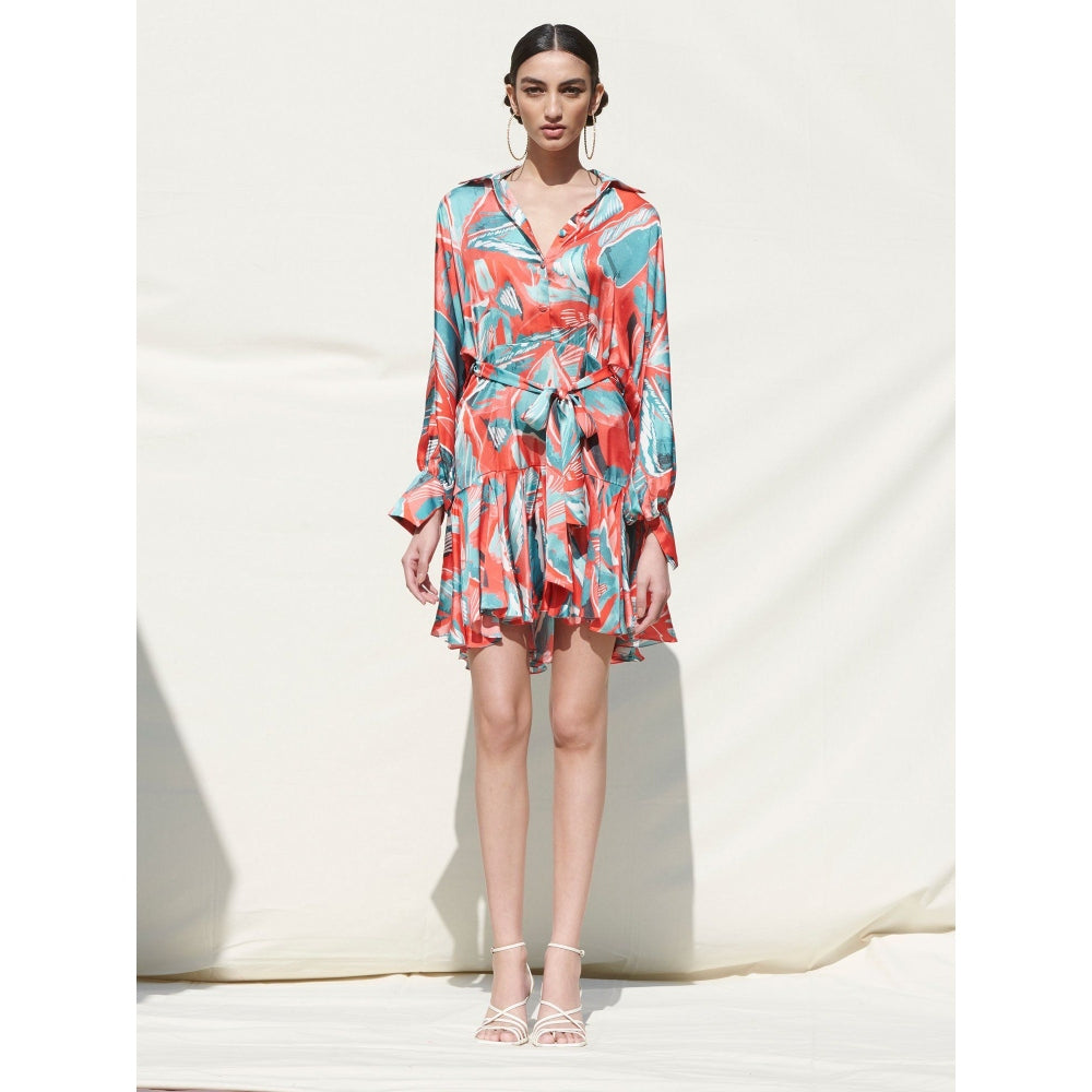 MANDIRA WIRK Short Dress with Pleated Frills At The Hem and Shirt Collar Details Multi-Color