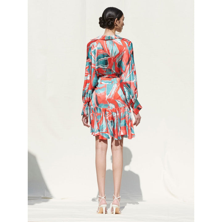 MANDIRA WIRK Short Dress with Pleated Frills At The Hem and Shirt Collar Details Multi-Color