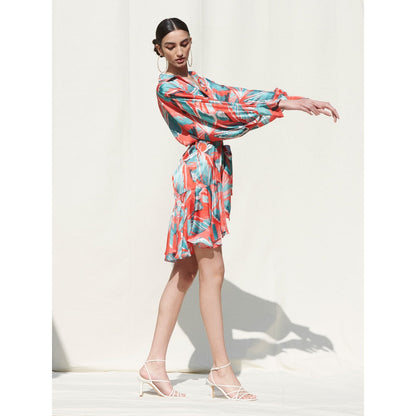 MANDIRA WIRK Short Dress with Pleated Frills At The Hem and Shirt Collar Details Multi-Color