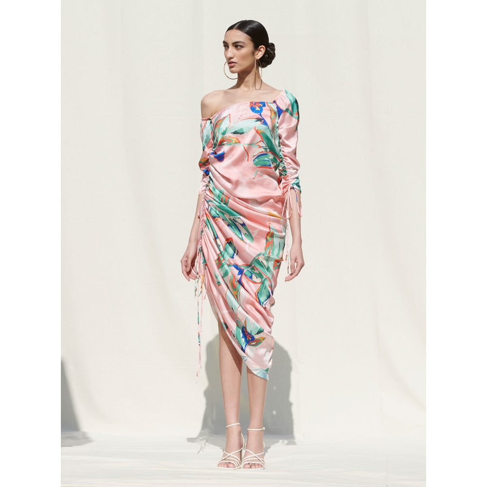 MANDIRA WIRK One Shoulder Dress with Side Gather and Strings Details Pink