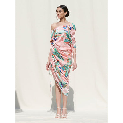 MANDIRA WIRK One Shoulder Dress with Side Gather and Strings Details Pink