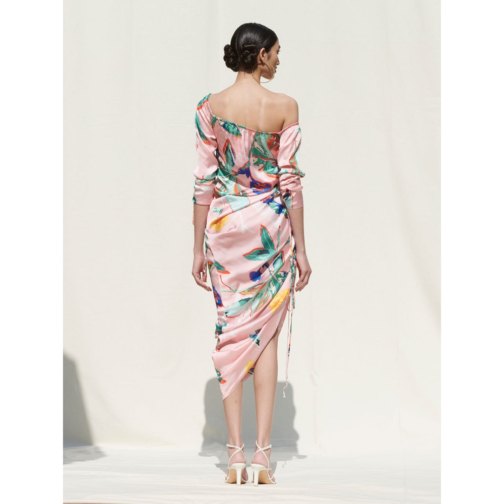 MANDIRA WIRK One Shoulder Dress with Side Gather and Strings Details Pink