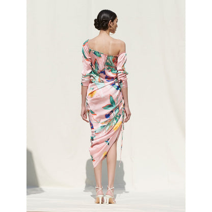 MANDIRA WIRK One Shoulder Dress with Side Gather and Strings Details Pink