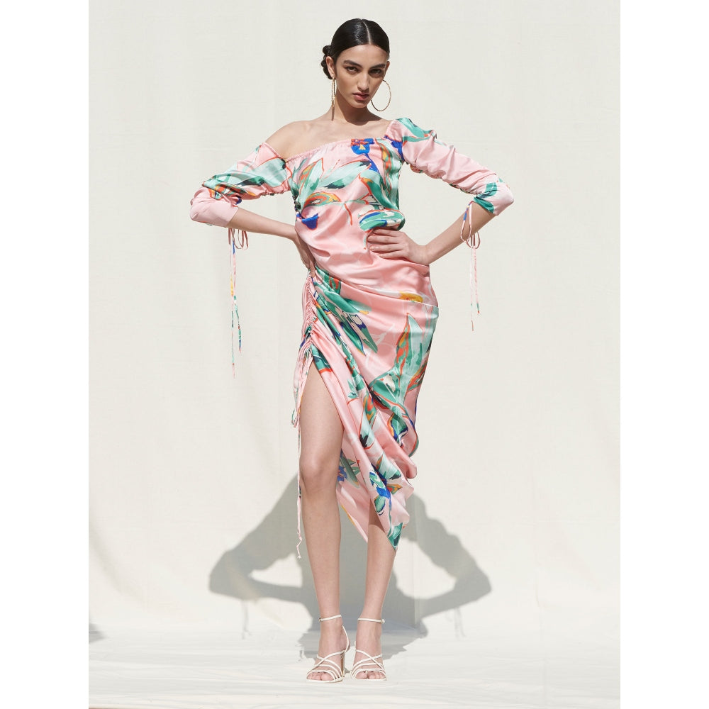 MANDIRA WIRK One Shoulder Dress with Side Gather and Strings Details Pink