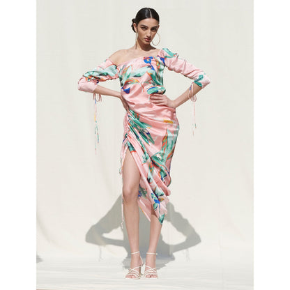 MANDIRA WIRK One Shoulder Dress with Side Gather and Strings Details Pink