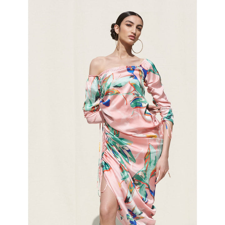 MANDIRA WIRK One Shoulder Dress with Side Gather and Strings Details Pink