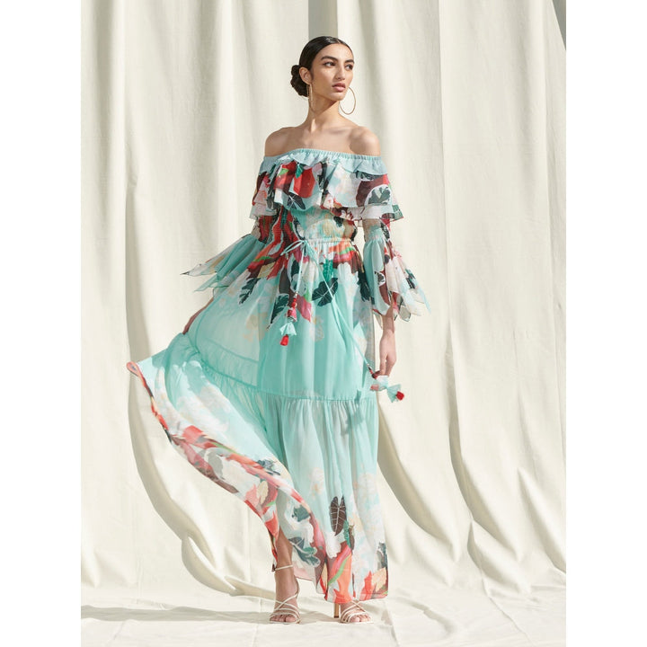 MANDIRA WIRK Off Shoulder Smocking Dress with Handkerchief Sleeves Multi-Color