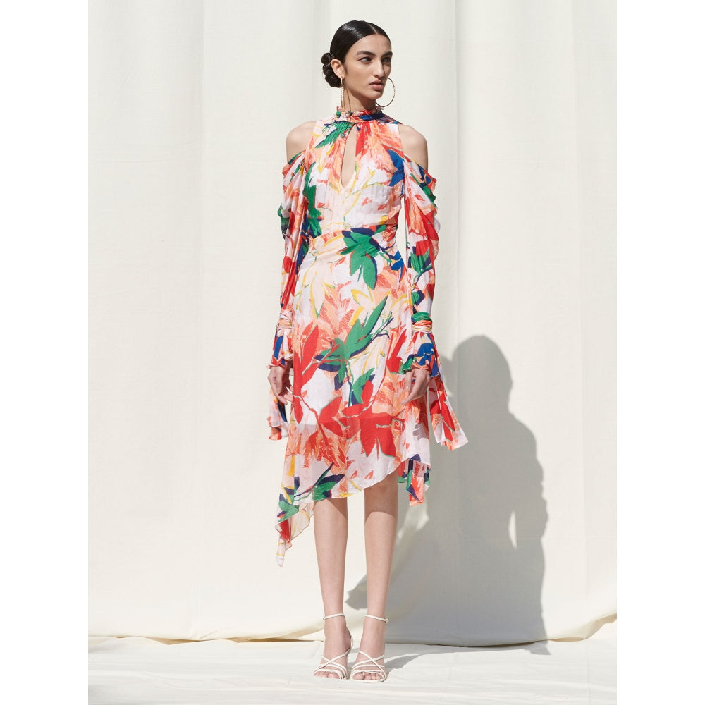 MANDIRA WIRK Asymmetrical Dress with Tie Up Details On Neck and Sleeves Multi-Color