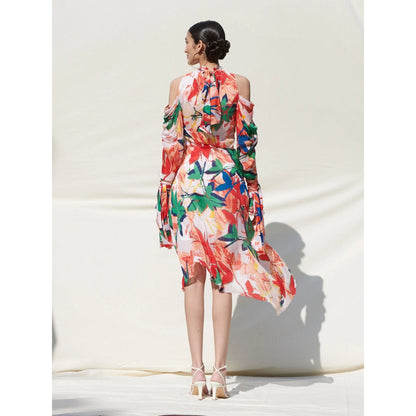 MANDIRA WIRK Asymmetrical Dress with Tie Up Details On Neck and Sleeves Multi-Color