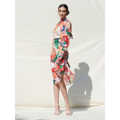 MANDIRA WIRK Asymmetrical Dress with Tie Up Details On Neck and Sleeves Multi-Color