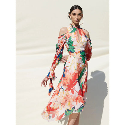 MANDIRA WIRK Asymmetrical Dress with Tie Up Details On Neck and Sleeves Multi-Color