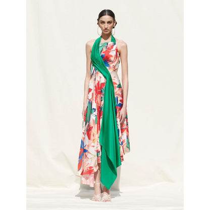 MANDIRA WIRK Asymmetrical Drape Dress withGreen Solid Drape On Its One Side Multi-Color