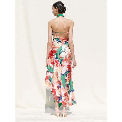 MANDIRA WIRK Asymmetrical Drape Dress withGreen Solid Drape On Its One Side Multi-Color