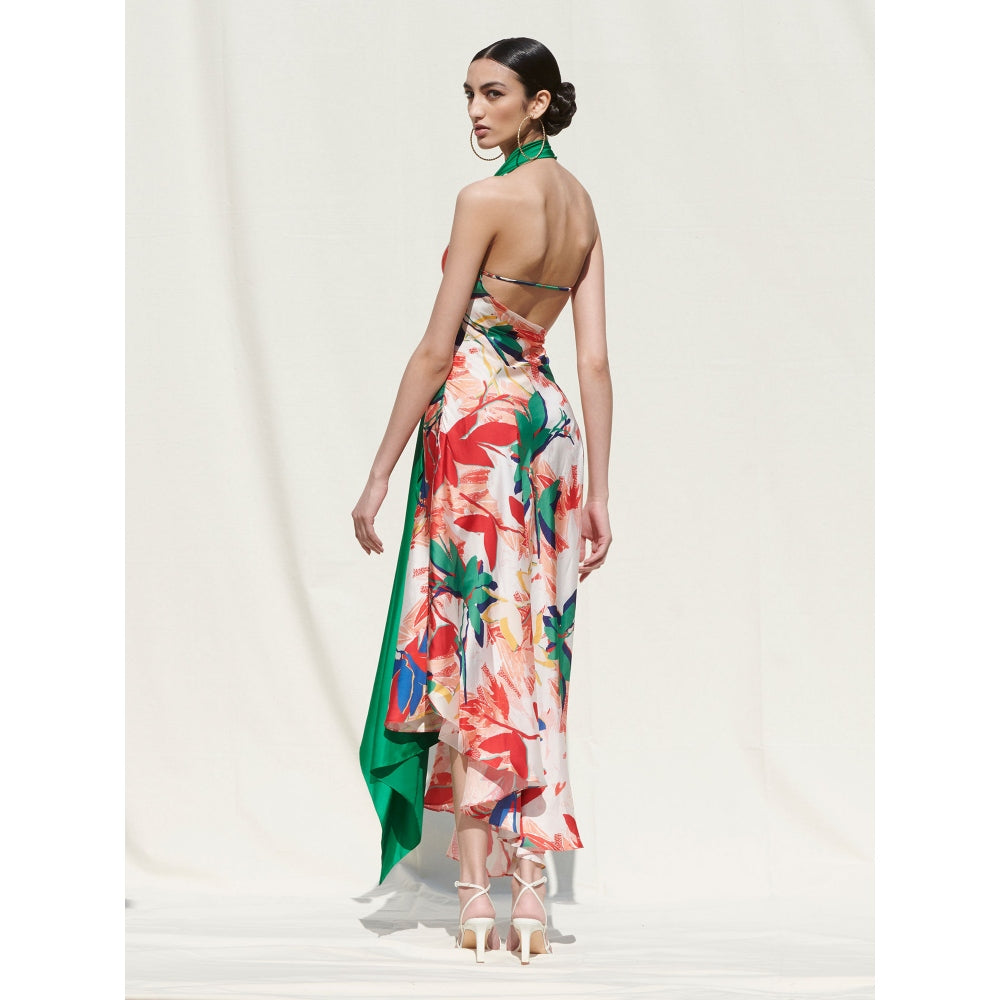 MANDIRA WIRK Asymmetrical Drape Dress withGreen Solid Drape On Its One Side Multi-Color