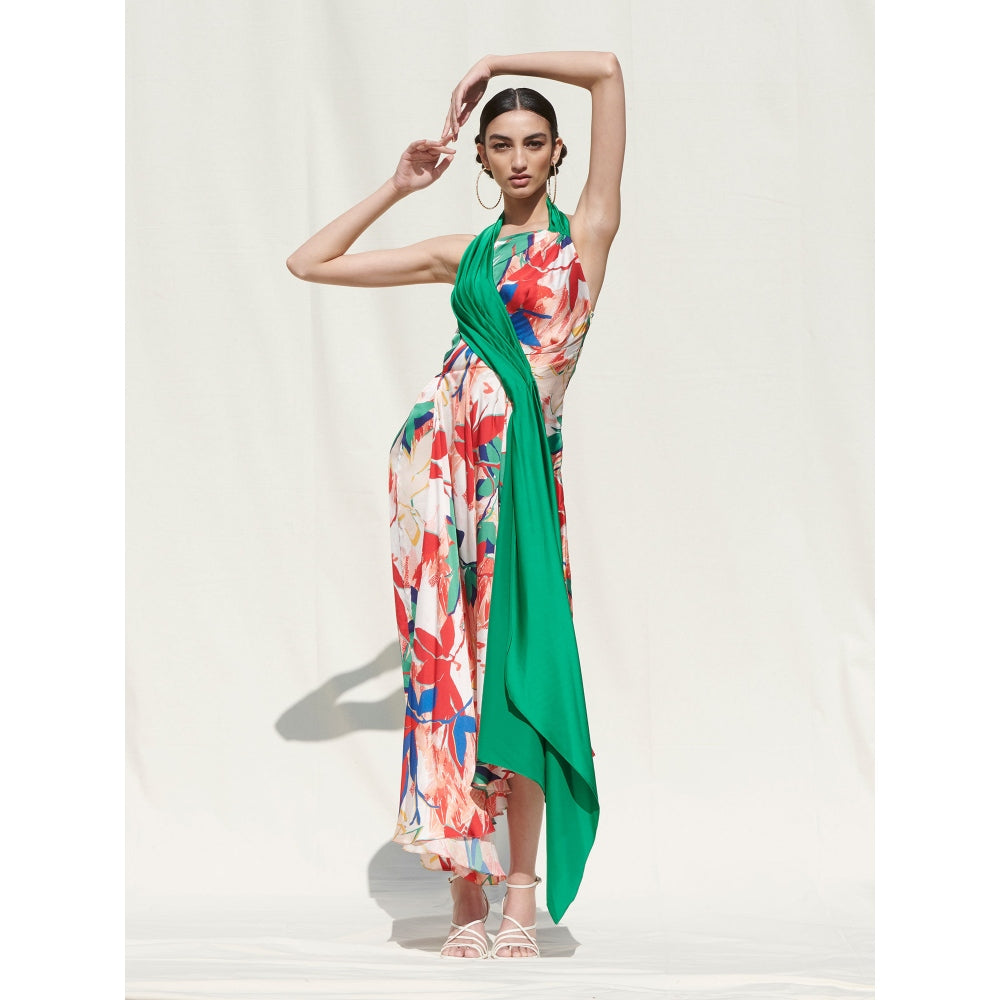 MANDIRA WIRK Asymmetrical Drape Dress withGreen Solid Drape On Its One Side Multi-Color