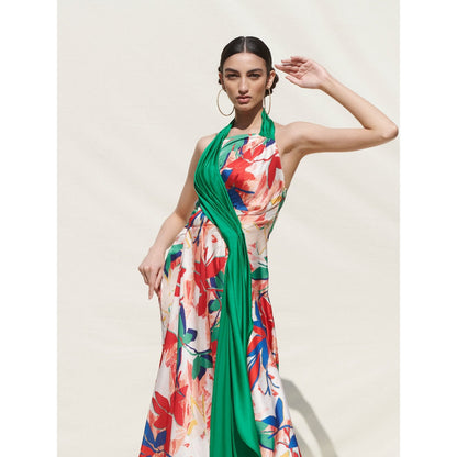 MANDIRA WIRK Asymmetrical Drape Dress withGreen Solid Drape On Its One Side Multi-Color