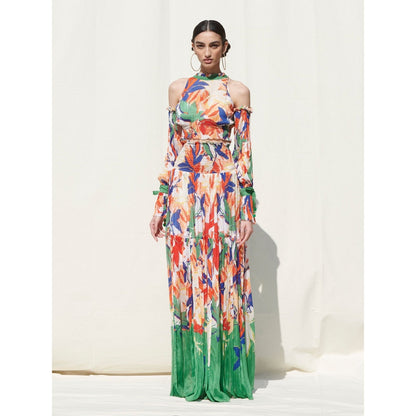 MANDIRA WIRK Skirts with Smocking On Its Waist Paired withHalter Crop Top (Set of 2)