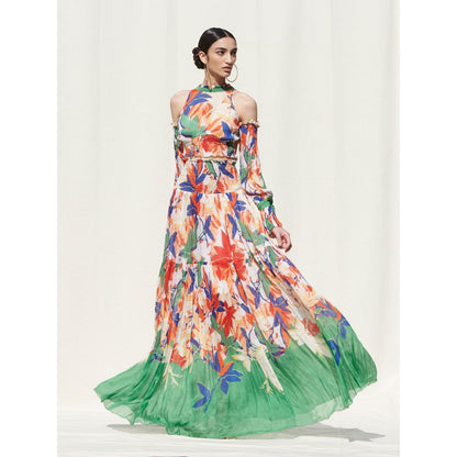 MANDIRA WIRK Skirts with Smocking On Its Waist Paired withHalter Crop Top (Set of 2)