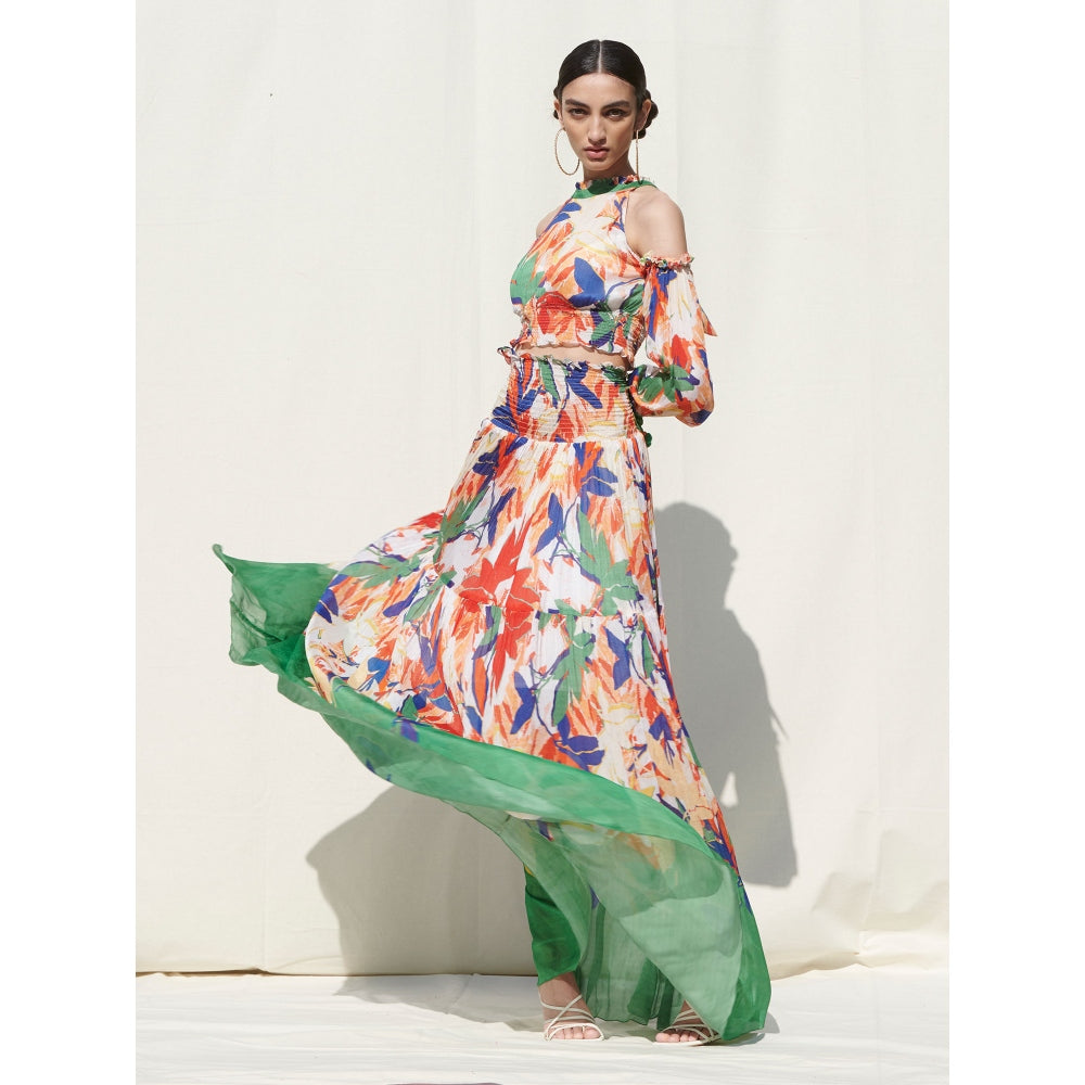 MANDIRA WIRK Skirts with Smocking On Its Waist Paired withHalter Crop Top (Set of 2)