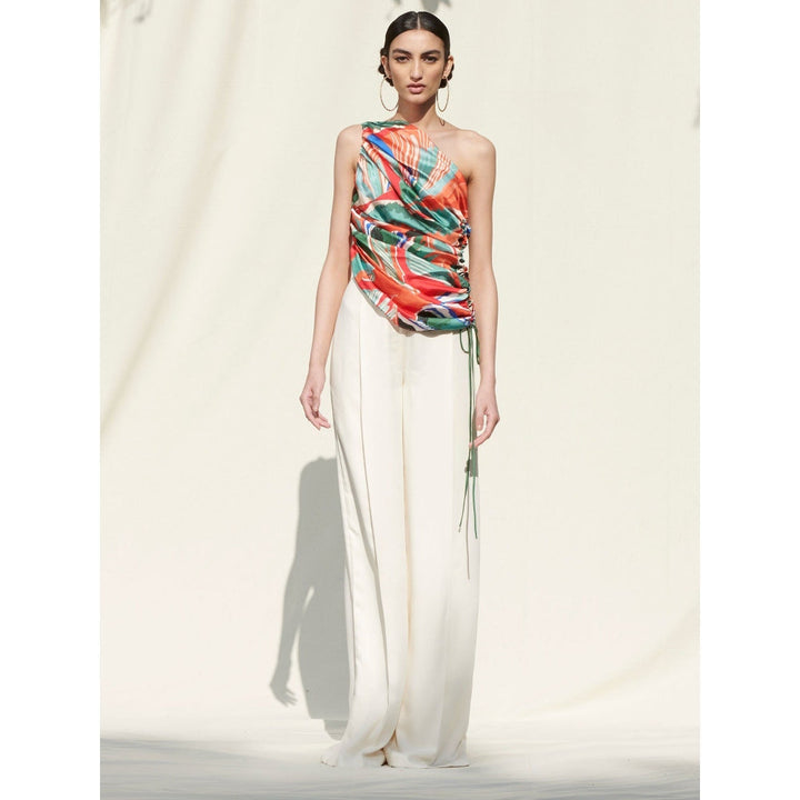MANDIRA WIRK Draped One Shoulder Top Paired with An Ivory Pallazo Multi-Color (Set of 2)