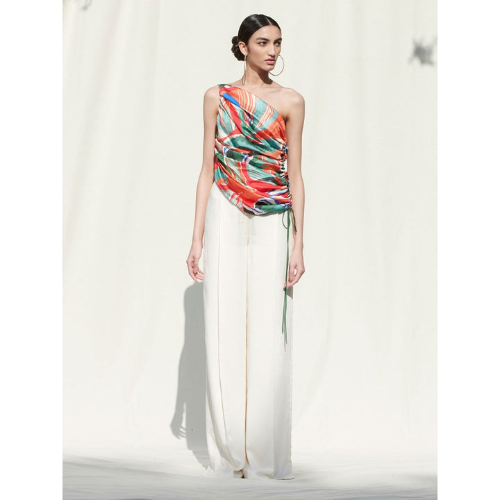 MANDIRA WIRK Draped One Shoulder Top Paired with An Ivory Pallazo Multi-Color (Set of 2)