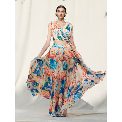 MANDIRA WIRK Tier Skirt Paired with Asymmetrical Draped Crop Top Peach (Set of 2)