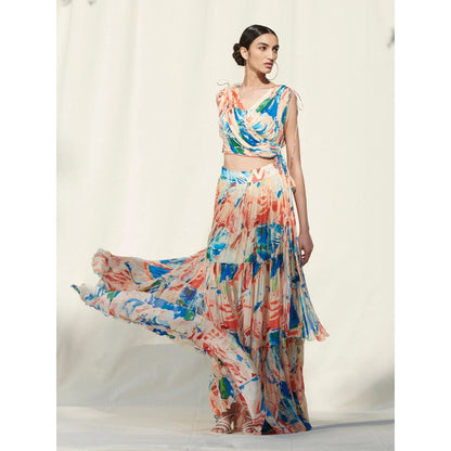 MANDIRA WIRK Tier Skirt Paired with Asymmetrical Draped Crop Top Peach (Set of 2)