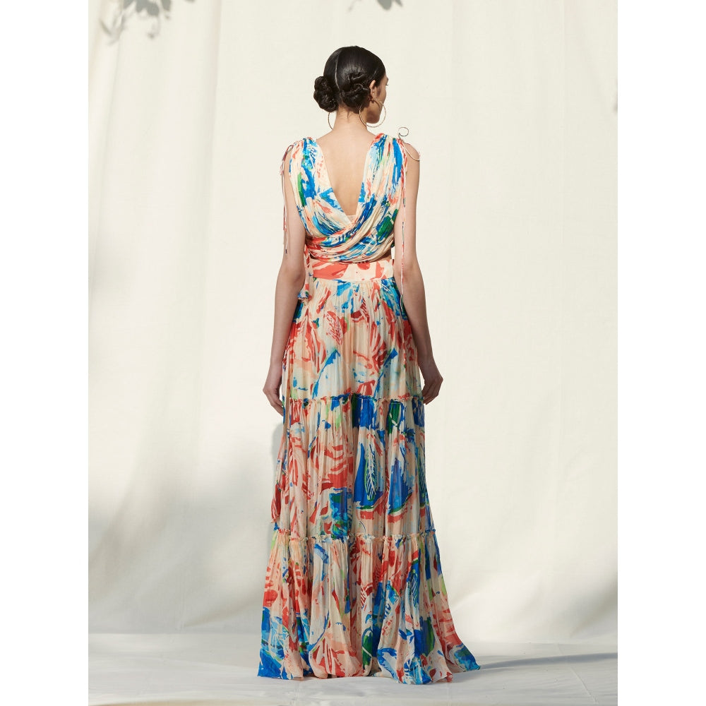 MANDIRA WIRK Tier Skirt Paired with Asymmetrical Draped Crop Top Peach (Set of 2)