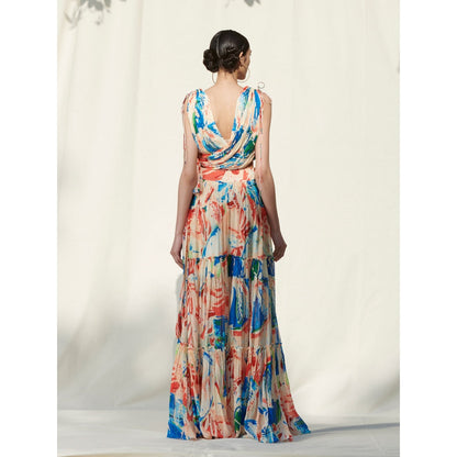 MANDIRA WIRK Tier Skirt Paired with Asymmetrical Draped Crop Top Peach (Set of 2)