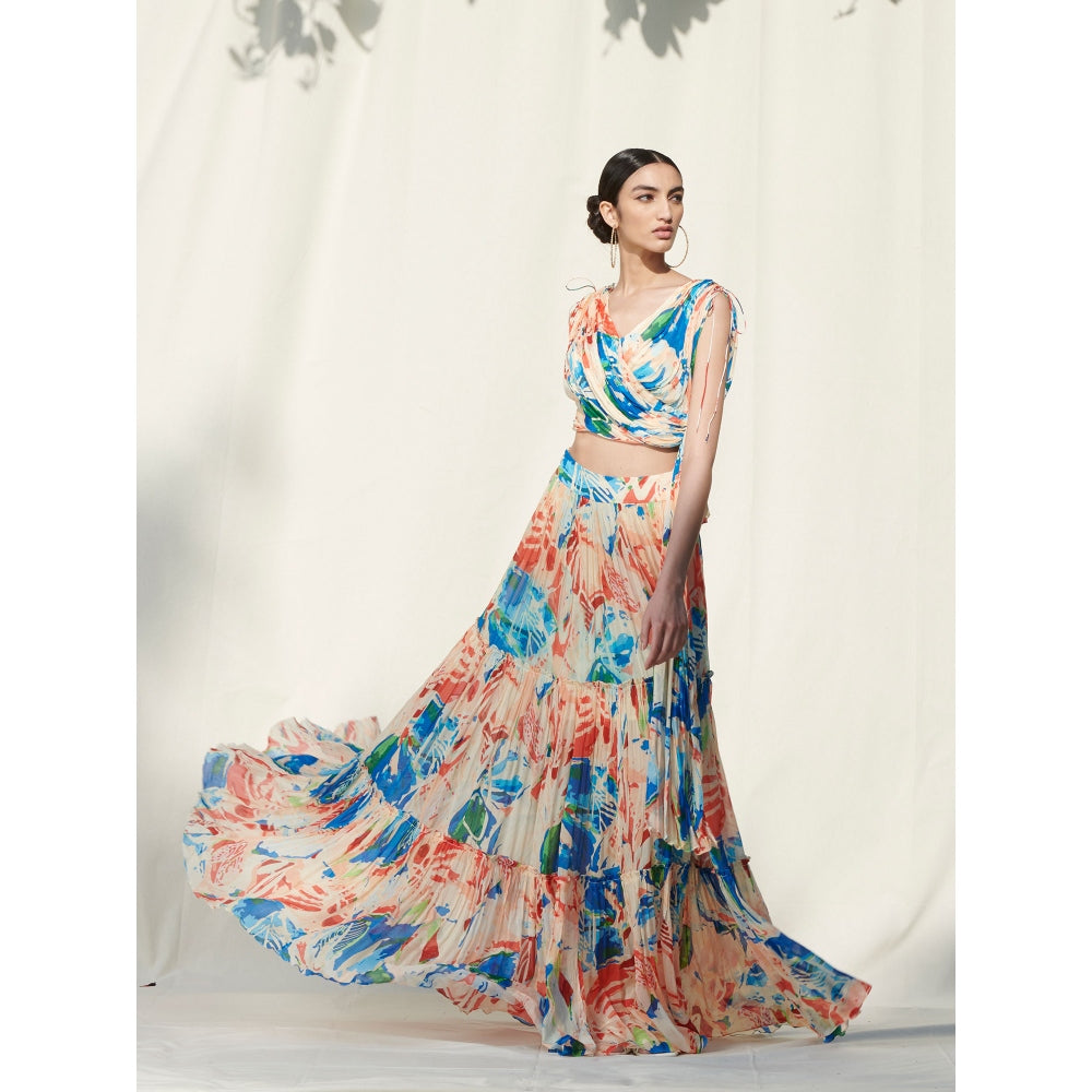 MANDIRA WIRK Tier Skirt Paired with Asymmetrical Draped Crop Top Peach (Set of 2)