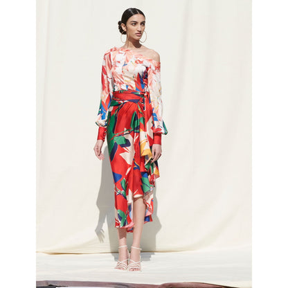 MANDIRA WIRK Panelled Top withWrap Around Skirt Multi-Color (Set of 2)