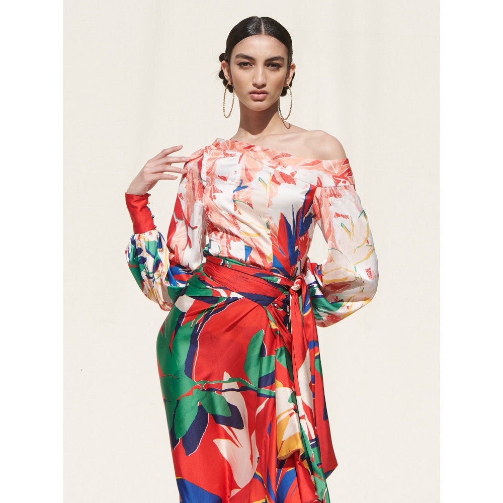 MANDIRA WIRK Panelled Top withWrap Around Skirt Multi-Color (Set of 2)