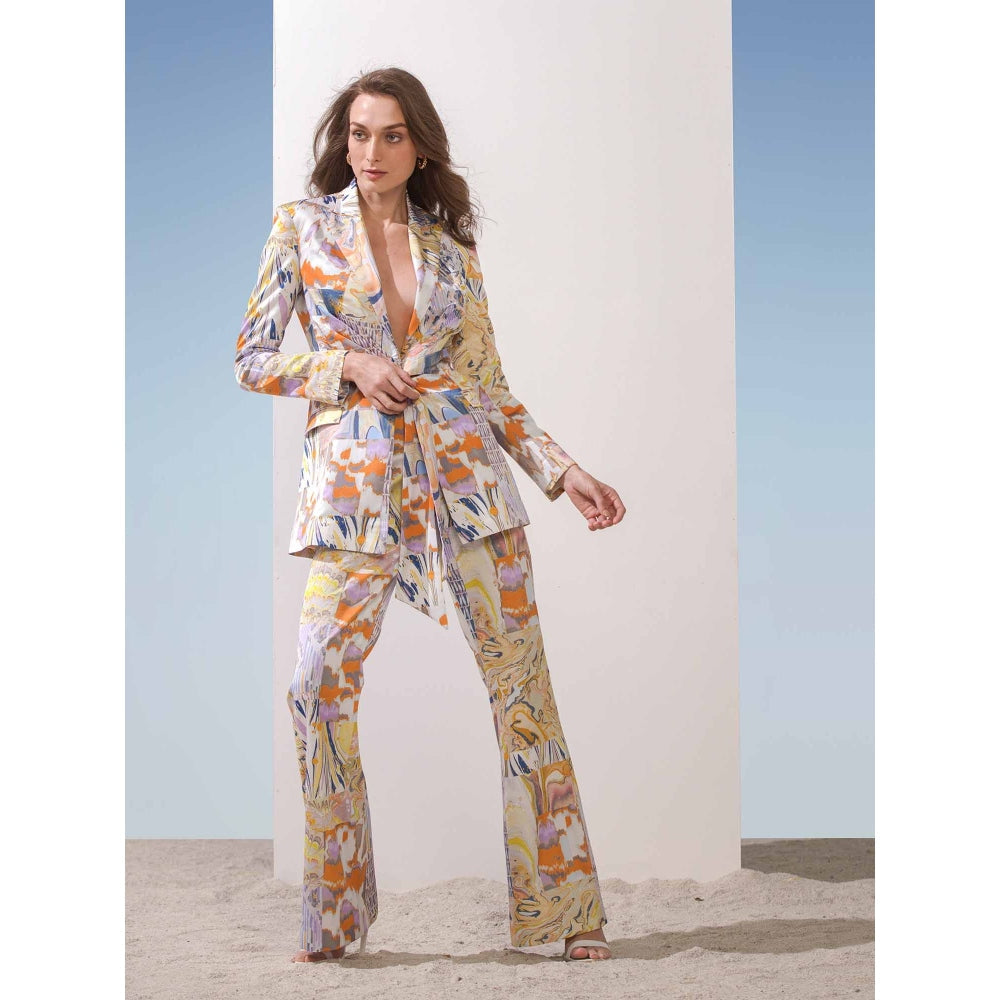 MANDIRA WIRK Satin Marble Print Front Tie-Up Jacket & Pants (Set of 2)