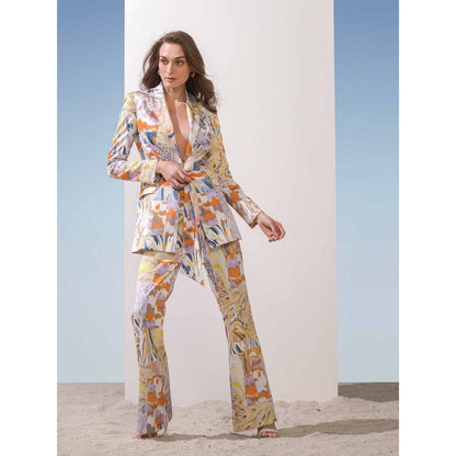 MANDIRA WIRK Satin Marble Print Front Tie-Up Jacket & Pants (Set of 2)