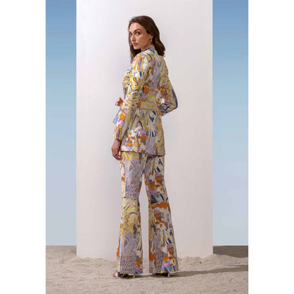 MANDIRA WIRK Satin Marble Print Front Tie-Up Jacket & Pants (Set of 2)