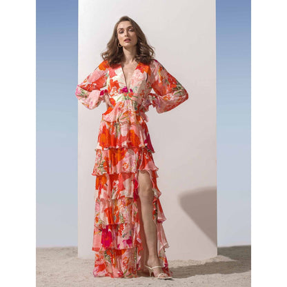 MANDIRA WIRK Plunge Neckline Printed Tiered Dress