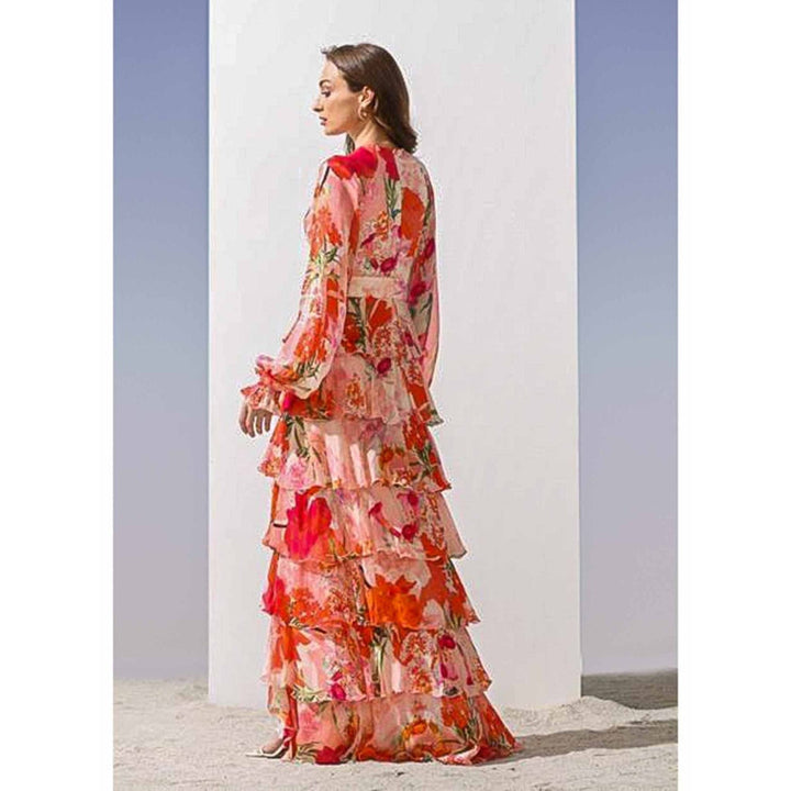 MANDIRA WIRK Plunge Neckline Printed Tiered Dress