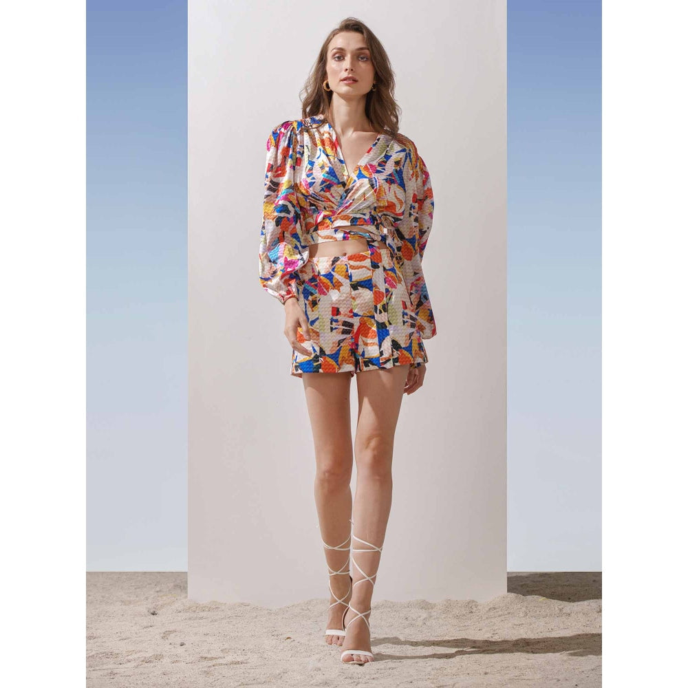 MANDIRA WIRK Geometric Wrap Top & Printed Shorts (Set of 2)