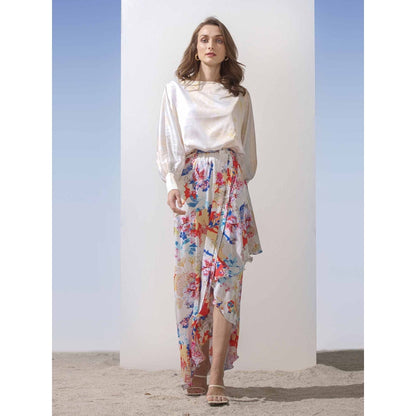 MANDIRA WIRK Boatneck Asymmetric Overlap Dress with Belt