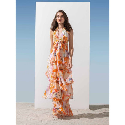 MANDIRA WIRK Lurex Georgette Halter Tiered Dress