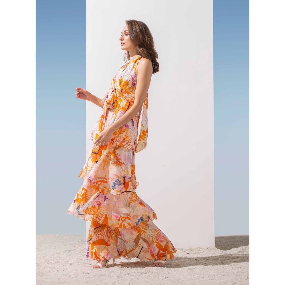 MANDIRA WIRK Lurex Georgette Halter Tiered Dress