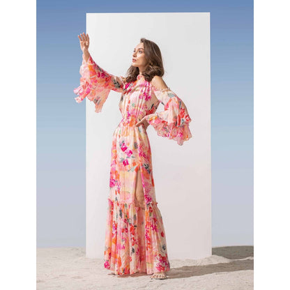 MANDIRA WIRK Ruffled Detailed Chiffon Printed Dress with Side Slit