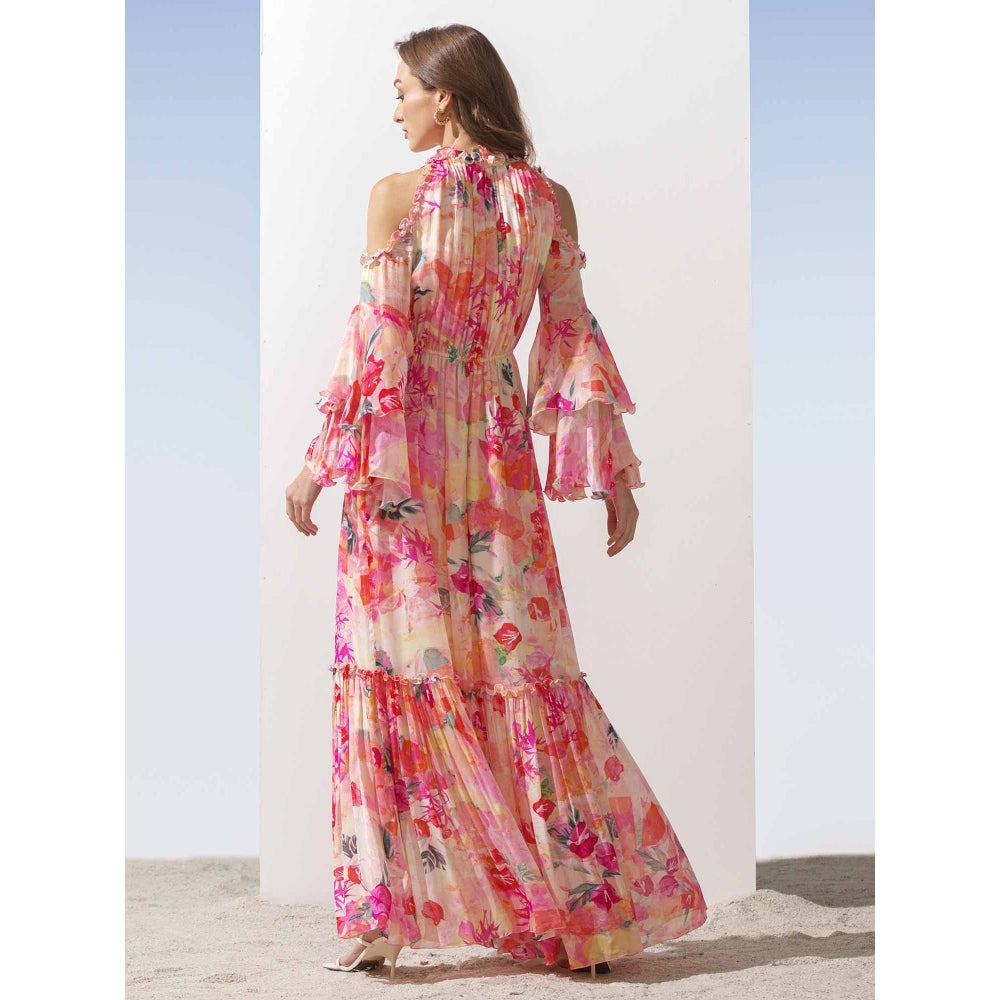 MANDIRA WIRK Ruffled Detailed Chiffon Printed Dress with Side Slit