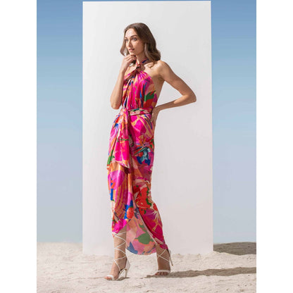 MANDIRA WIRK Abstract Print Satin Halter Neck Dress