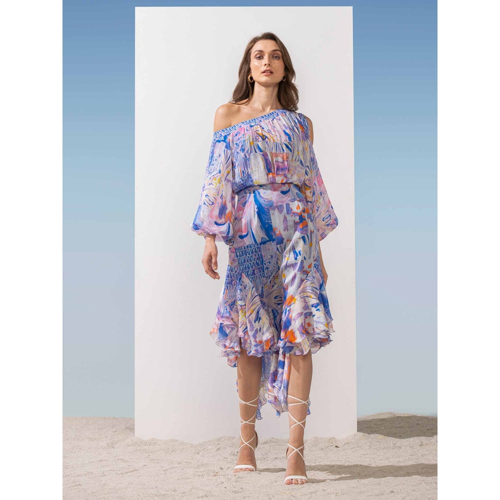 MANDIRA WIRK Off Shoulder Dress with Asymmetric Hem