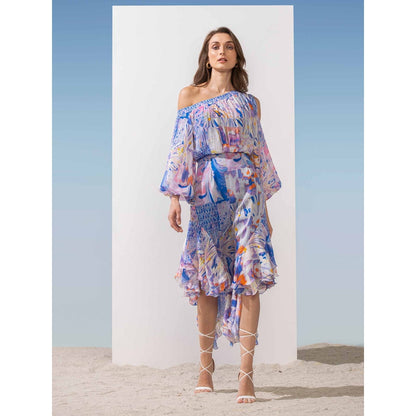 MANDIRA WIRK Off Shoulder Dress with Asymmetric Hem