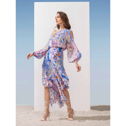 MANDIRA WIRK Off Shoulder Dress with Asymmetric Hem