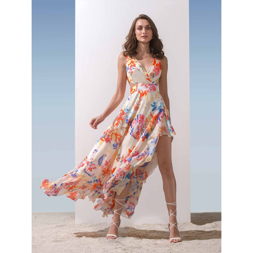 MANDIRA WIRK Overlapped Printed Neckline Dress