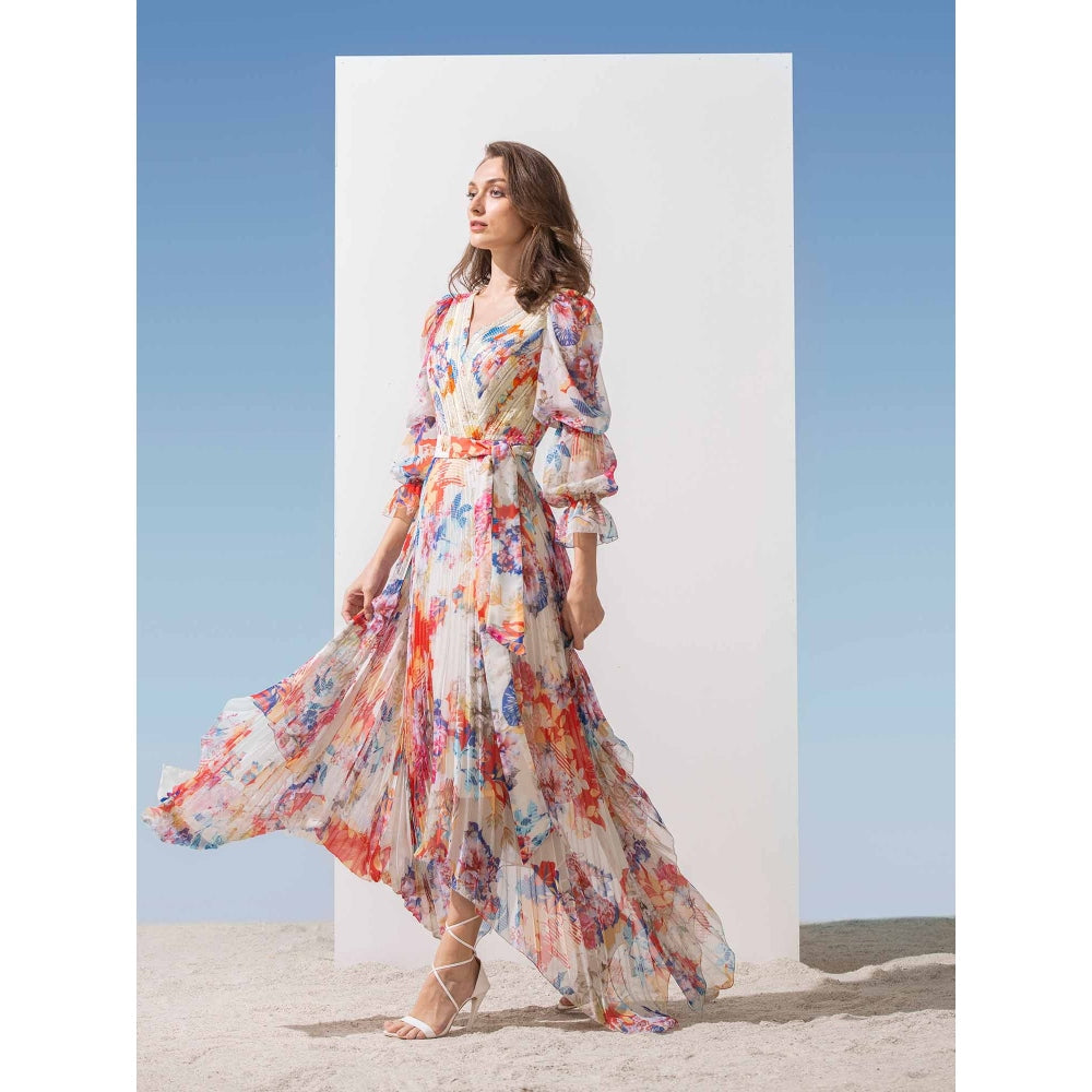 MANDIRA WIRK Pleated Chiffon Dress with Tie-Up Belt